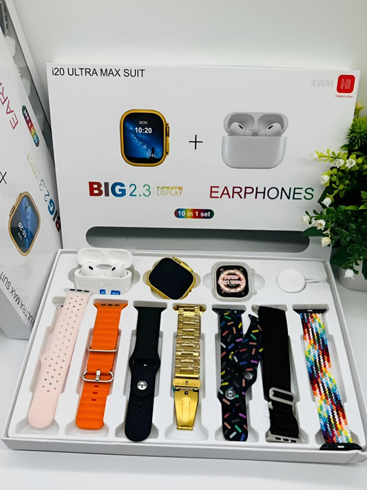 I20 Ultra Max Smart Watch 2.3 Inch Large Screen 10 in 1 Box with 7 Straps and AirPods 2