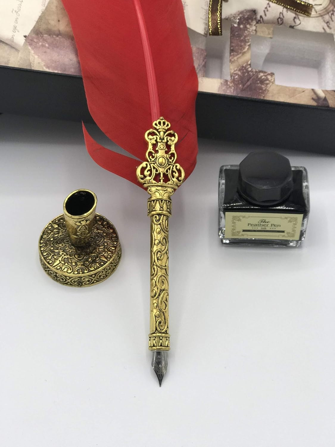 GOLD LEAF Antique Dip Feather Pen Set